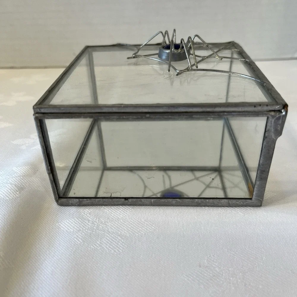 Gothic Trinket Box Blue Spider And Solder Web Mirror Glass Deco